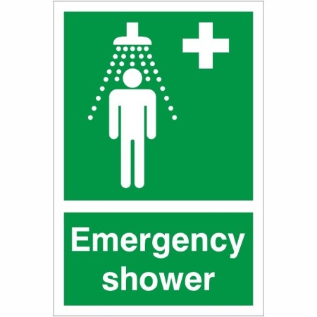 Green and white Emergency Shower First Aid Sign with shower symbol