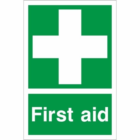 Green and white First Aid Sign with first aid cross