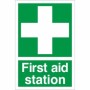 Green and white First Aid Station Sign with first aid cross