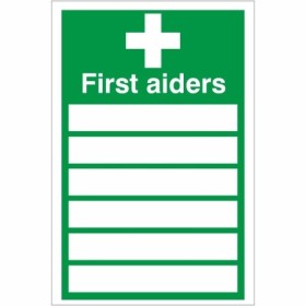 Green and white First Aiders Sign with spaces for first aider names