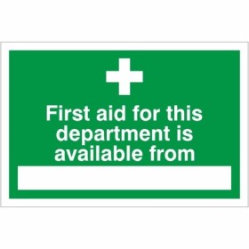 Green and white First Aid For This Department Sign with blank information space
