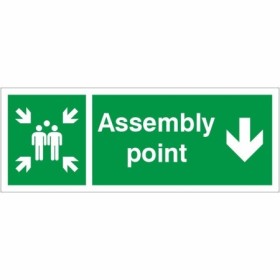 Assembly Point Down Sign with green and white downward arrow and assembly point symbol