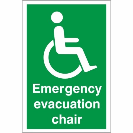Green and white Emergency Evacuation Chair First Aid Sign with wheelchair symbol
