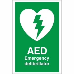 Green and white AED Emergency Defibrillator Sign with heart and lightning bolt symbol