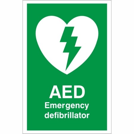 Green and white AED Emergency Defibrillator Sign with heart and lightning bolt symbol