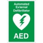 Automated External AED Defibrillator safety sign with heart and lightning symbol on green background