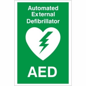 Green and white Automated External AED Defibrillator Sign with heart and lightning bolt symbol