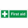First Aid safety sign with white cross and green background