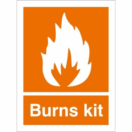 Orange and white Burns Kit First Aid Sign with flame symbol