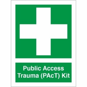 Green and white Public Access Trauma PAcT Kit Sign with first aid cross