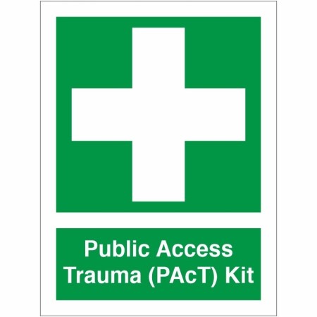 Green and white Public Access Trauma PAcT Kit Sign with first aid cross