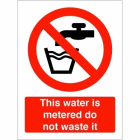 Red and white This Water Is Metered Do Not Waste It Sign with tap symbol