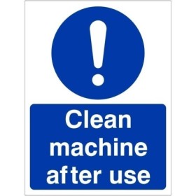 Clean Machine After Use Sign with white mandatory symbol and text on blue background