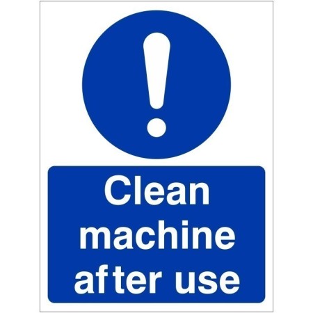 Clean Machine After Use Sign with white mandatory symbol and text on blue background