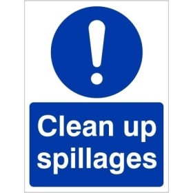 Clean Up Spillages Sign with white mandatory symbol and text on blue background