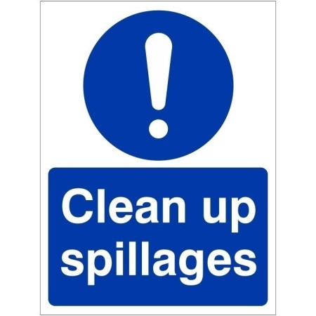 Clean Up Spillages Sign with white mandatory symbol and text on blue background