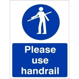 Please Use Handrail Sign with white handrail symbol and text on blue background