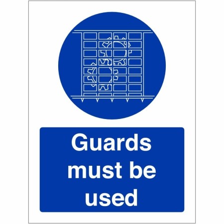 Guards Must Be Used Sign with blue mandatory machinery guard symbol