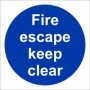 Fire Escape Keep Clear mandatory sign with white text on a blue circular background