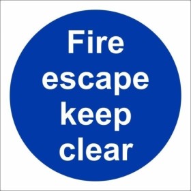 Fire Escape Keep Clear mandatory sign with white text on a blue circular background