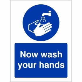 Now Wash Your Hands Sign with blue mandatory handwashing symbol