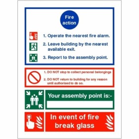 3 Point Fire Action Notice In Event Of Fire Break Glass Writable Sign