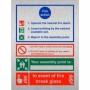 Brushed aluminum 3 point fire action notice sign with writable assembly point and break glass instruction