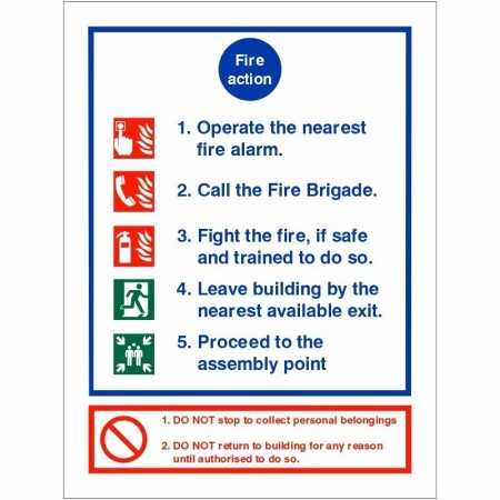 5 Point Fire Action Notice Sign with emergency fire procedure instructions