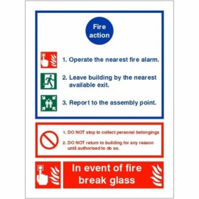 3 Point Fire Action Notice In Event Of Fire Break Glass Sign with emergency instructions