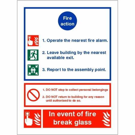 3 Point Fire Action Notice In Event Of Fire Break Glass Sign with emergency instructions