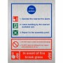 Brushed aluminum 3 point fire action notice sign with in event of fire break glass instruction