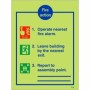 Glow in the Dark 3 point fire action notice sign with evacuation instructions and assembly point guidance