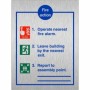 Brushed aluminum 3 point fire action notice sign with evacuation instructions and assembly point guidance