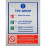 Brushed aluminum 3 point fire action notice sign with raise the alarm and assembly point instructions