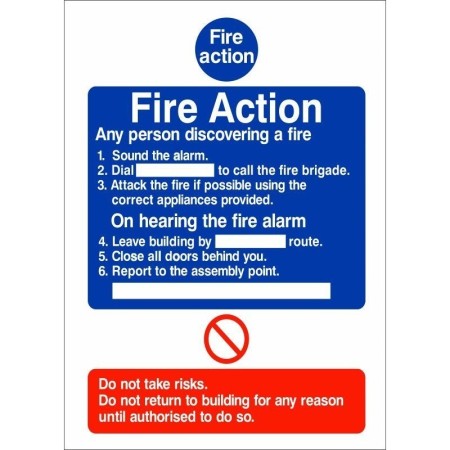 6 Point Fire Action Notice Any Person Discovering a Fire Sign with emergency instructions