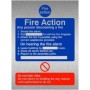 Brushed aluminum 6 Point Fire Action Notice sign for any person discovering a fire