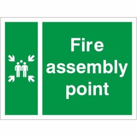Fire Assembly Muster Point Sign with green background and white assembly point symbol