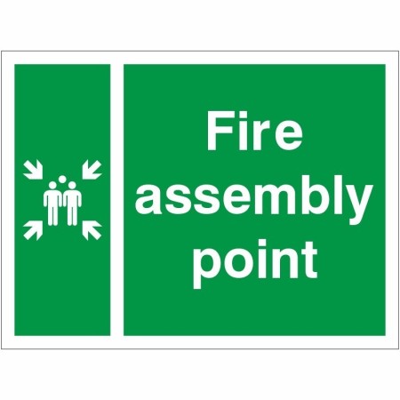 Fire Assembly Muster Point Sign with green background and white assembly point symbol