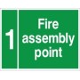 Fire Assembly Point 1 safety sign with green background and white text