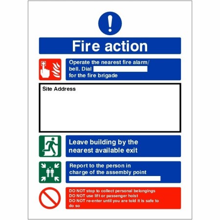 Fire Action Construction Site Notice Sign with emergency instructions