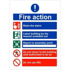 5 point fire action notice sign with do not use lifts instruction