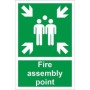 Green and white Fire Assembly Point Sign with group and directional arrow symbols
