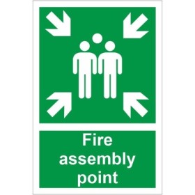 Green and white Fire Assembly Point Sign with group and directional arrow symbols