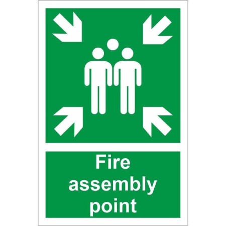 Green and white Fire Assembly Point Sign with group and directional arrow symbols