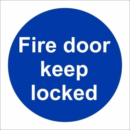 Fire Door Keep Locked mandatory sign with white text on a blue circular background