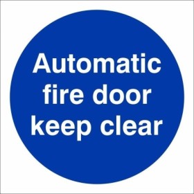 Automatic Fire Door Keep Clear mandatory sign with white text on a blue circular background