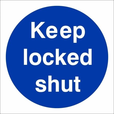 Keep Locked Shut mandatory sign with white text on a blue circular background