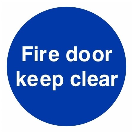 Fire Door Keep Clear mandatory sign with white text on a blue circular background