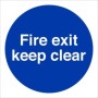 Fire Exit Keep Clear mandatory sign with white text on a blue circular background
