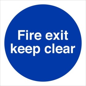 Fire Exit Keep Clear mandatory sign with white text on a blue circular background
